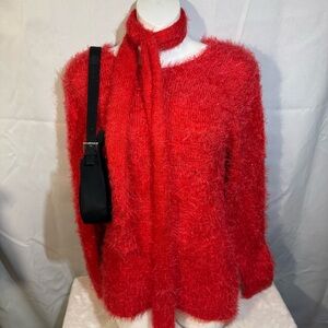 JK Khaki Red Fuzzy Eyelash Knit Sweater w/ Scarf XL ❤️